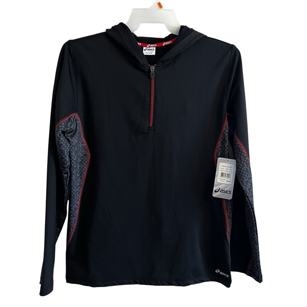 NWT ASICS Energy Layer Hoodie Youth XL Black‎ Red Half Zip Running Training Top